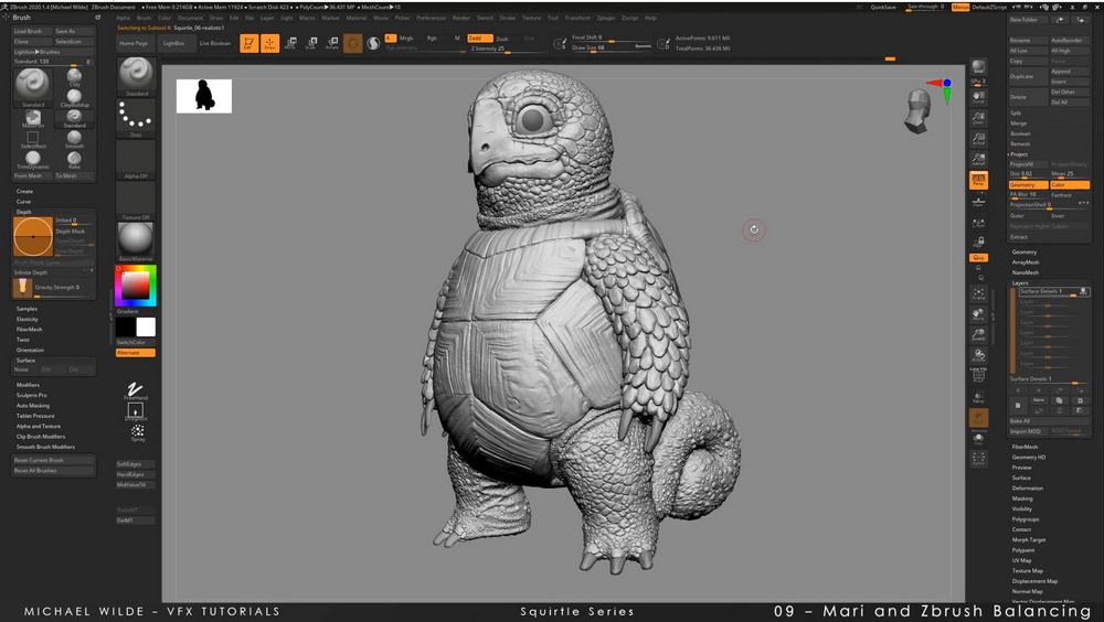 [Michael Wilde VFX系列-国语]zbrush2020+mari杰尼龟建模和纹理系列