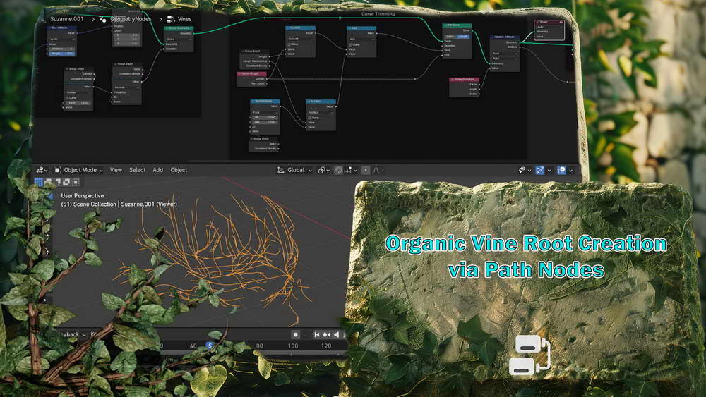 [blendermarket学院-3DTudor-国语]Blender4几何节点研讨会：丛林藤蔓
